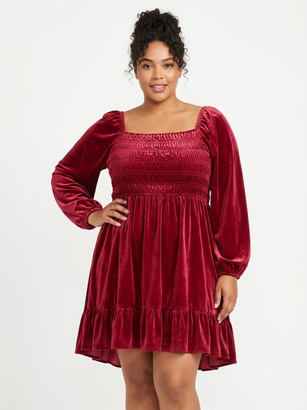 LC Lauren Conrad, Burgundy Velvet Smocked Square-Neck Mini Dress - XXL